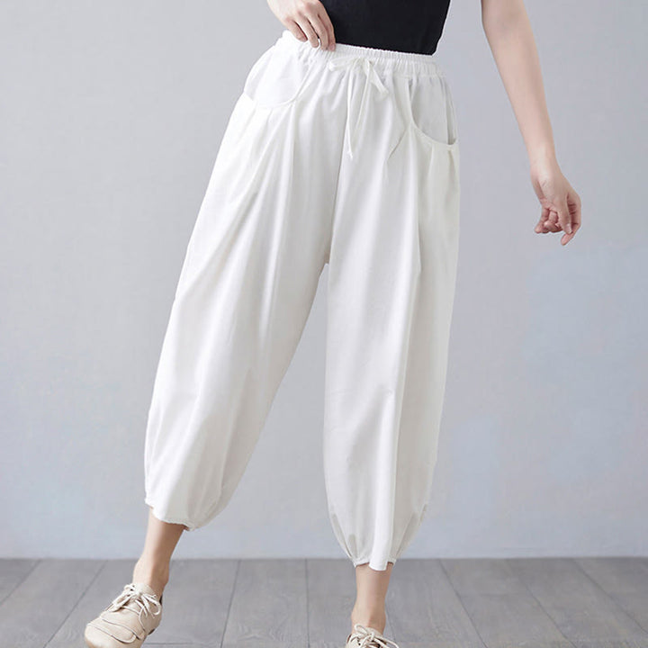 Buddha Stones Summer Plain Cropped Pants Women's Cotton Linen Harem Pants With Pockets - image 8