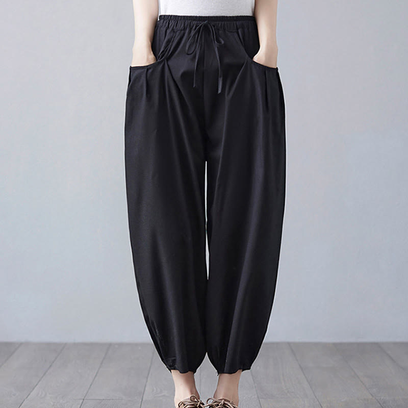 Buddha Stones Summer Plain Cropped Pants Women's Cotton Linen Harem Pants With Pockets - Black - US12，UK/AU16，EU44 (3XL) - image 14