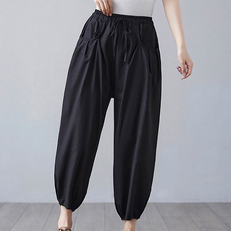 Buddha Stones Summer Plain Cropped Pants Women's Cotton Linen Harem Pants With Pockets - image 17