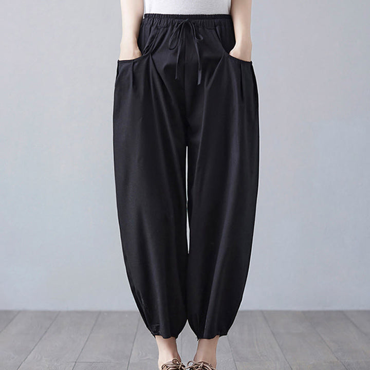Buddha Stones Summer Plain Cropped Pants Women's Cotton Linen Harem Pants With Pockets - Black - US12，UK/AU16，EU44 (3XL) - image 13
