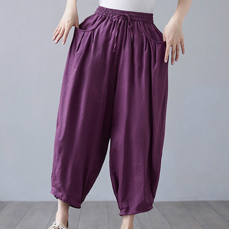 Buddha Stones Summer Plain Cropped Pants Women's Cotton Linen Harem Pants With Pockets - image 22