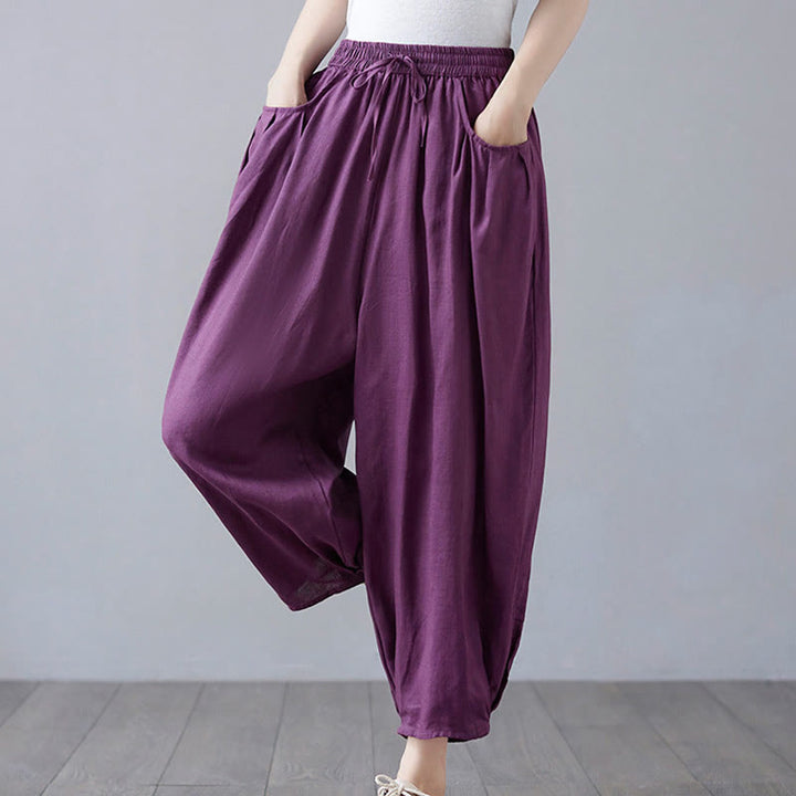 Buddha Stones Summer Plain Cropped Pants Women's Cotton Linen Harem Pants With Pockets - image 23