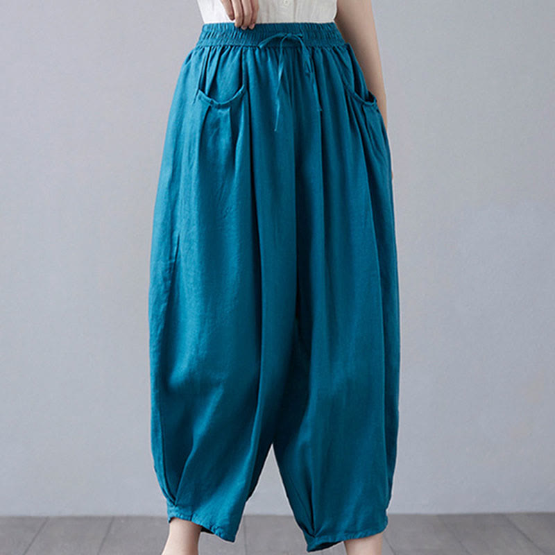 Buddha Stones Summer Plain Cropped Pants Women's Cotton Linen Harem Pants With Pockets - image 30