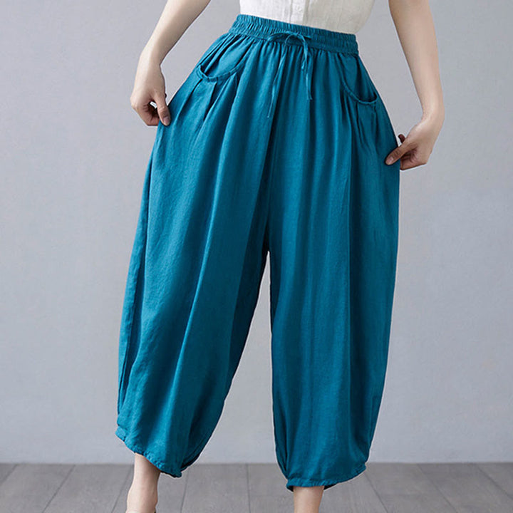 Buddha Stones Summer Plain Cropped Pants Women's Cotton Linen Harem Pants With Pockets - DeepSkyBlue - US12，UK/AU16，EU44 (3XL) - image 28