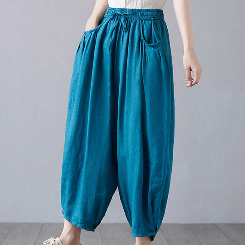 Buddha Stones Summer Plain Cropped Pants Women's Cotton Linen Harem Pants With Pockets - image 32