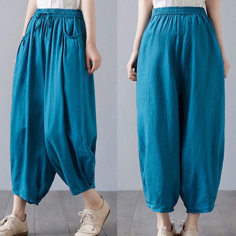 Buddha Stones Summer Plain Cropped Pants Women's Cotton Linen Harem Pants With Pockets - image 32
