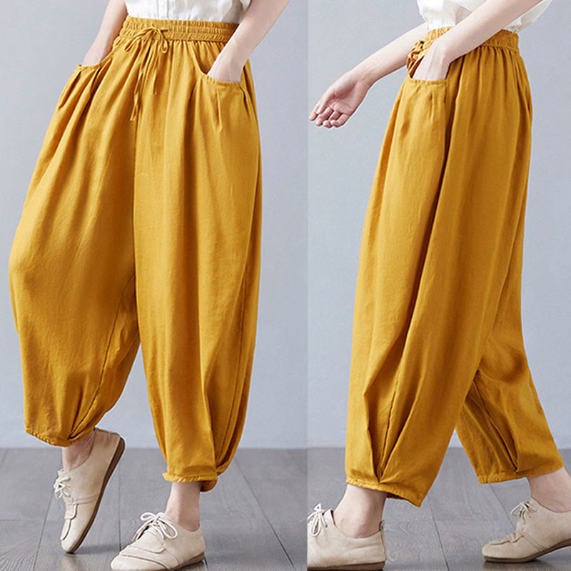 Buddha Stones Summer Plain Cropped Pants Women's Cotton Linen Harem Pants With Pockets - image 39