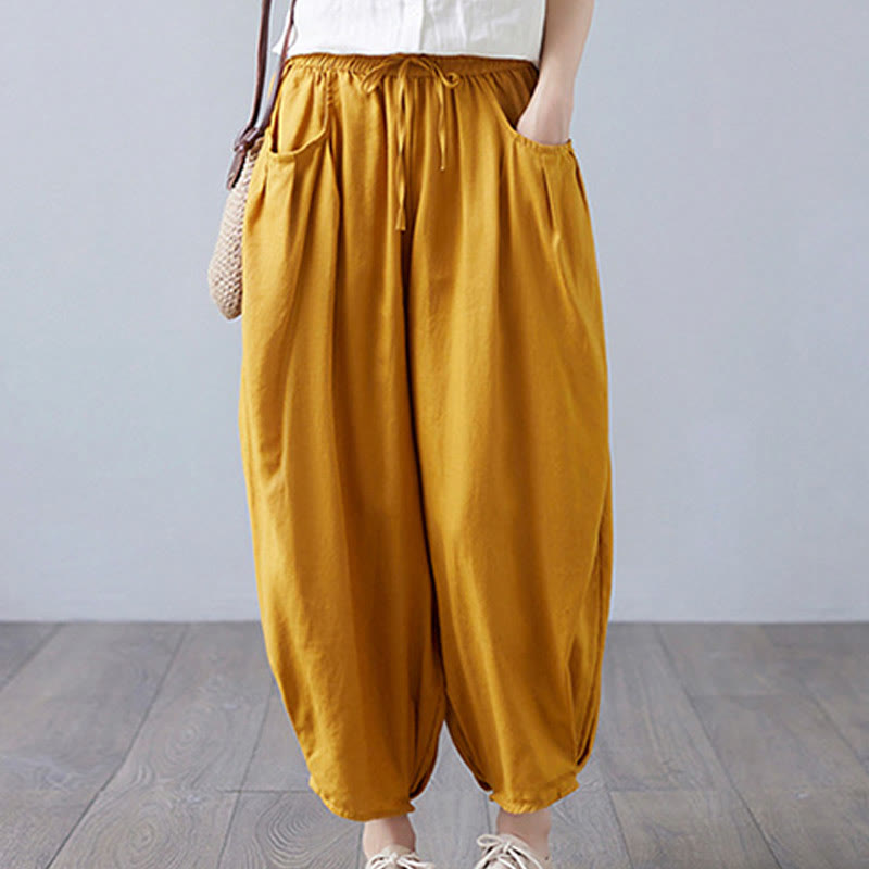 Buddha Stones Summer Plain Cropped Pants Women's Cotton Linen Harem Pants With Pockets - image 35