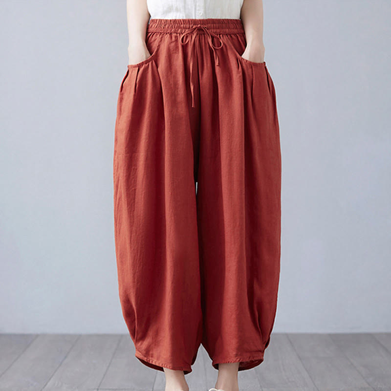 Buddha Stones Summer Plain Cropped Pants Women's Cotton Linen Harem Pants With Pockets - IndianRed - US12，UK/AU16，EU44 (3XL) - image 41