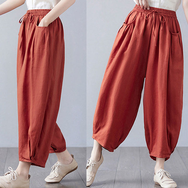 Buddha Stones Summer Plain Cropped Pants Women's Cotton Linen Harem Pants With Pockets - image 44