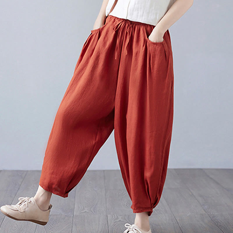 Buddha Stones Summer Plain Cropped Pants Women's Cotton Linen Harem Pants With Pockets - image 44
