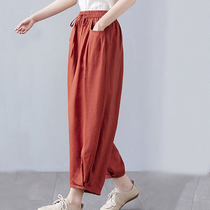 Buddha Stones Summer Plain Cropped Pants Women's Cotton Linen Harem Pants With Pockets - image 46