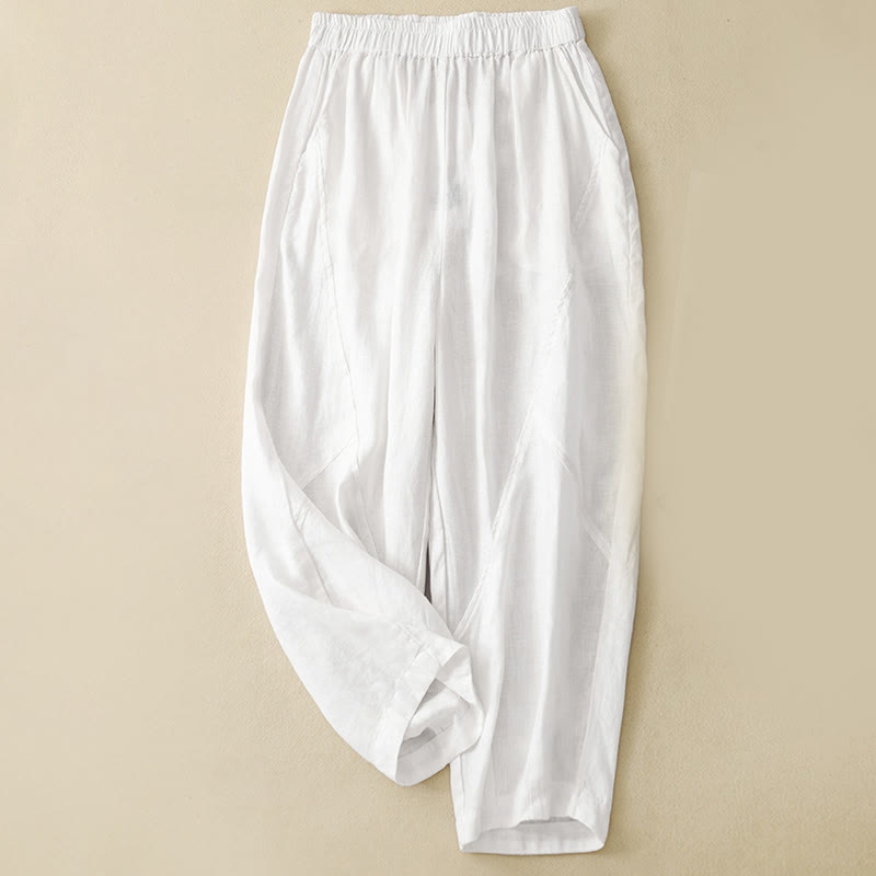 Buddha Stones Casual Plain Cropped Pants Women's Cotton Linen Harem Pants With Pockets - White - US8-10，UK/AU12-14，EU40-42 (2XL) - image 6