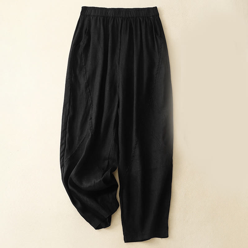 Buddha Stones Casual Plain Cropped Pants Women's Cotton Linen Harem Pants With Pockets - Black - US8-10，UK/AU12-14，EU40-42 (2XL) - image 11