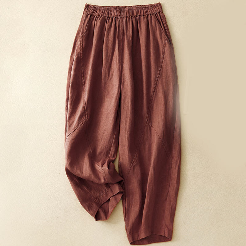 Buddha Stones Casual Plain Cropped Pants Women's Cotton Linen Harem Pants With Pockets - Maroon - US8-10，UK/AU12-14，EU40-42 (2XL) - image 16