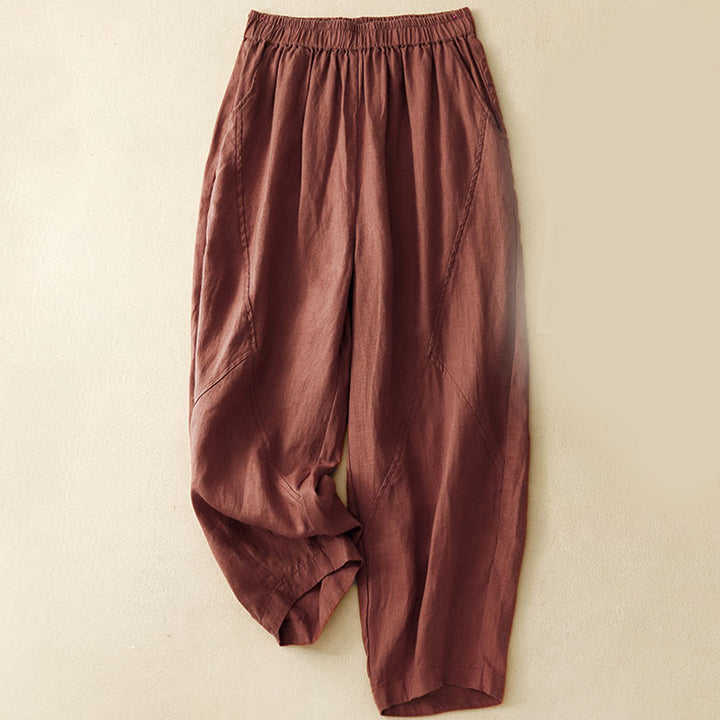 Buddha Stones Casual Plain Cropped Pants Women's Cotton Linen Harem Pants With Pockets - Maroon - US8-10，UK/AU12-14，EU40-42 (2XL) - image 16