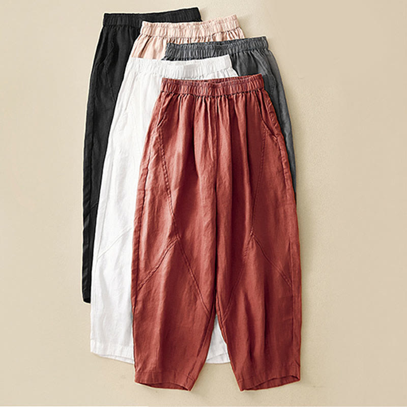 Buddha Stones Casual Plain Cropped Pants Women's Cotton Linen Harem Pants With Pockets - image 30