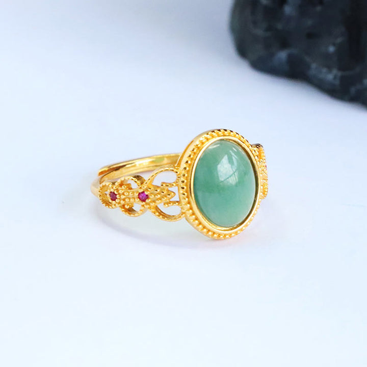 Buddha Stones Natural 925 Sterling Silver Plated Gold Hollow Design Jade Luck Ring - image 7