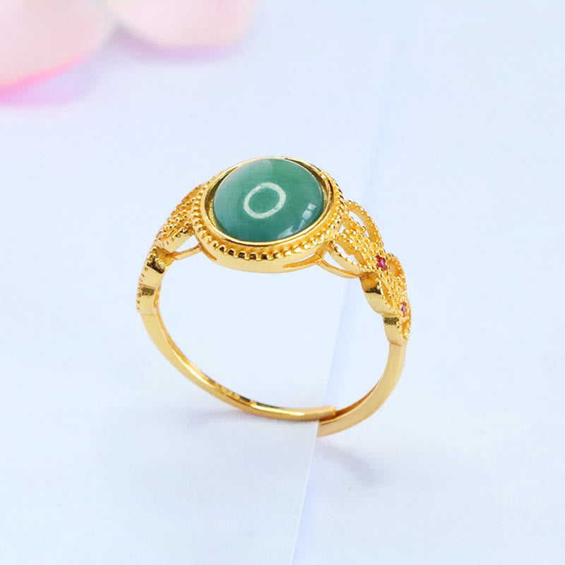 Buddha Stones Natural 925 Sterling Silver Plated Gold Hollow Design Jade Luck Ring - image 2