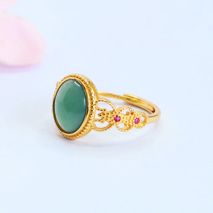 Buddha Stones Natural 925 Sterling Silver Plated Gold Hollow Design Jade Luck Ring - image 1