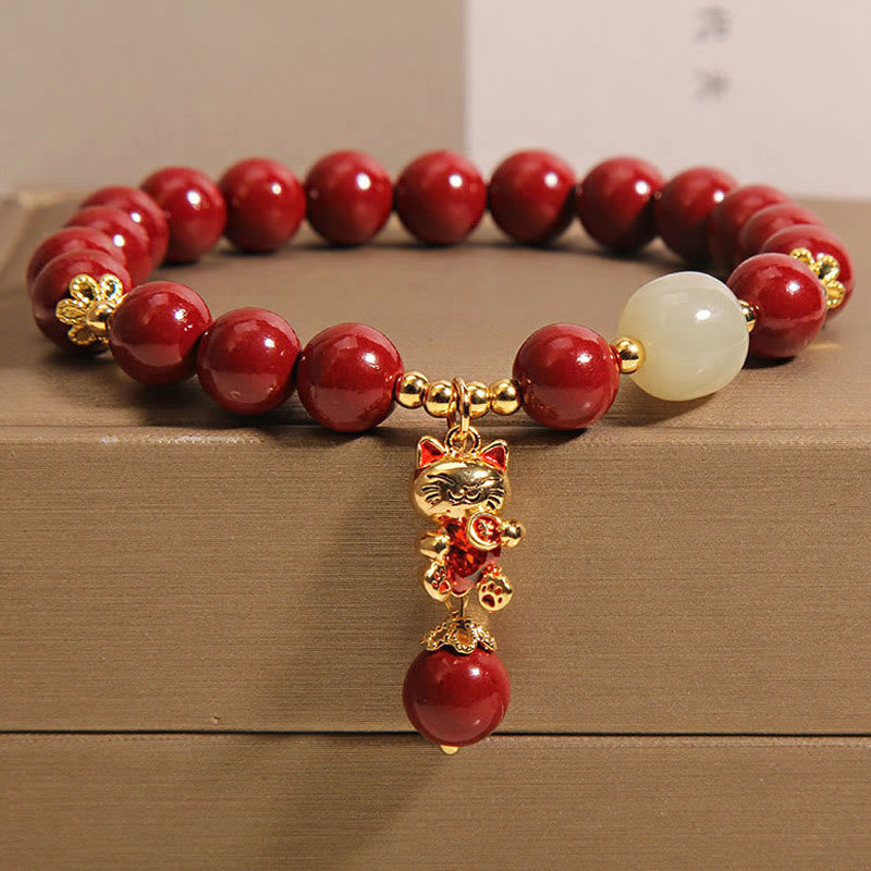 Buddha Stones "Wishing You Good Fortune and Joy" Cat Cinnabar Bracelet Includes Gift Message Card - image 1