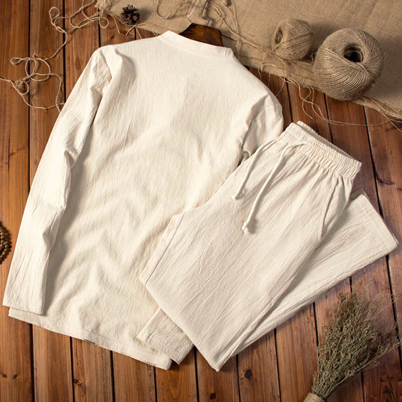 Buddha Stones Pure Color Cotton Linen Long Sleeve Top Pants Clothing Men's Set - image 2