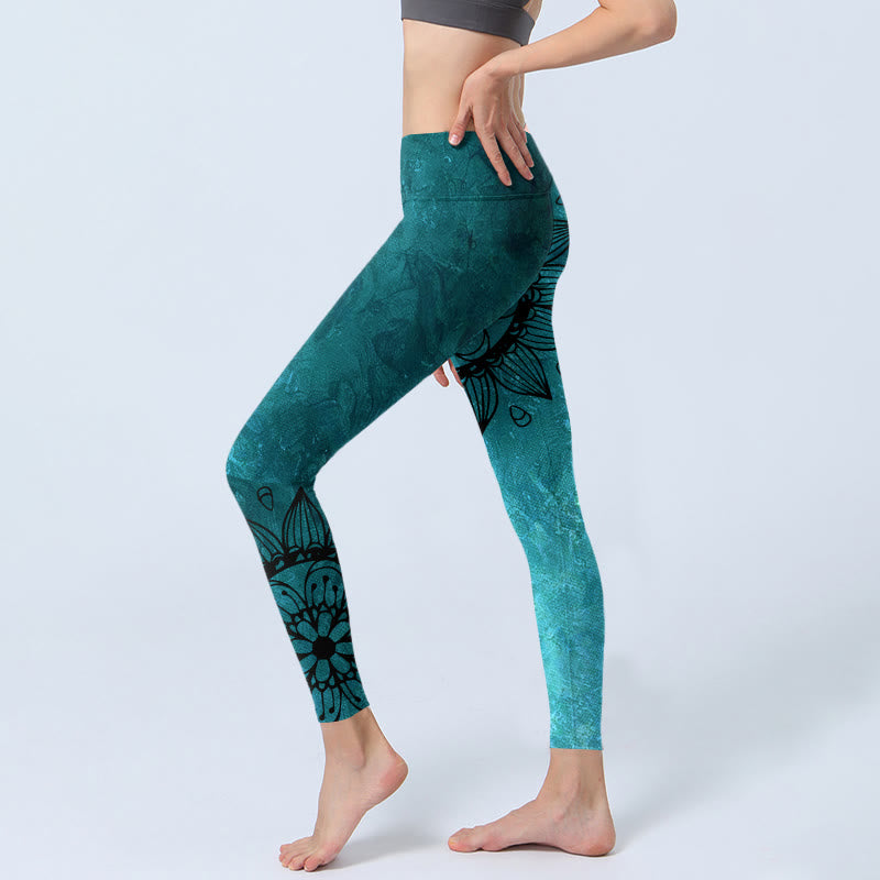 Buddha Stones Green Sunflowers Blossoms Print Gym Leggings Women's Yoga Pants - image 2