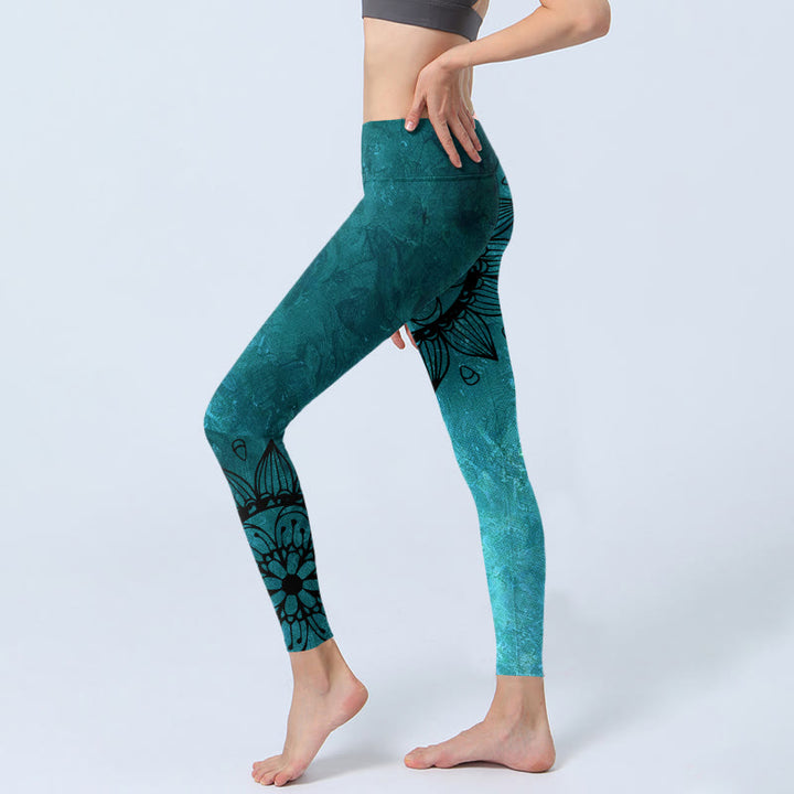 Buddha Stones Green Sunflowers Blossoms Print Gym Leggings Women's Yoga Pants - image 2