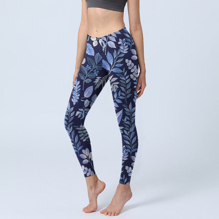 Buddha Stones Purple Leaves Print Gym Leggings Women's Yoga Pants - DarkSlateBlue - US18，UK/AU22，EU50 (4XL) - image 0