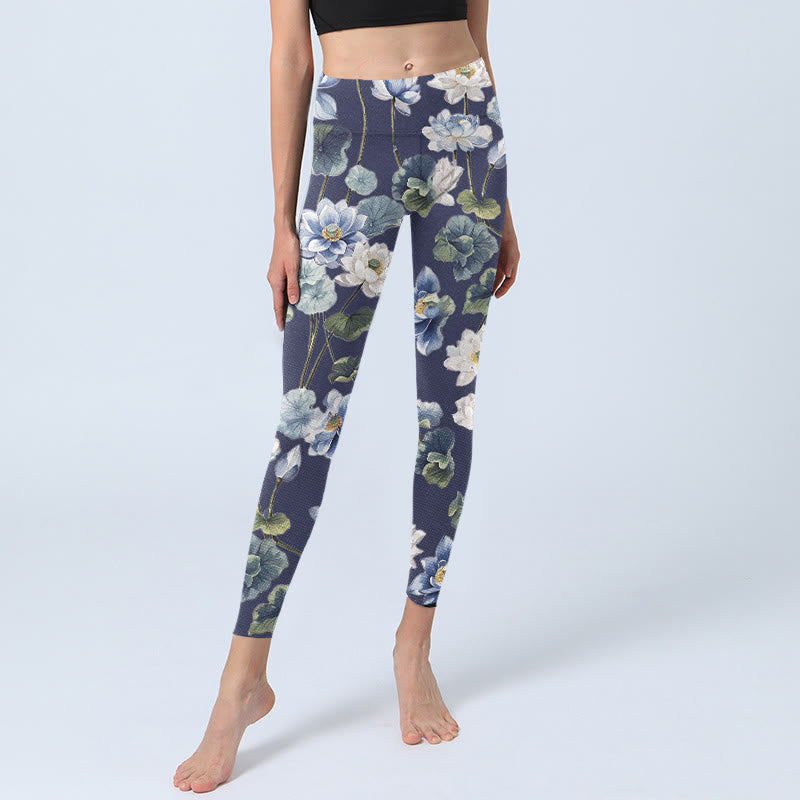 Buddha Stones Blue White Lotus Flowers Oil Painting Print Gym Leggings Women's Yoga Pants - image 6