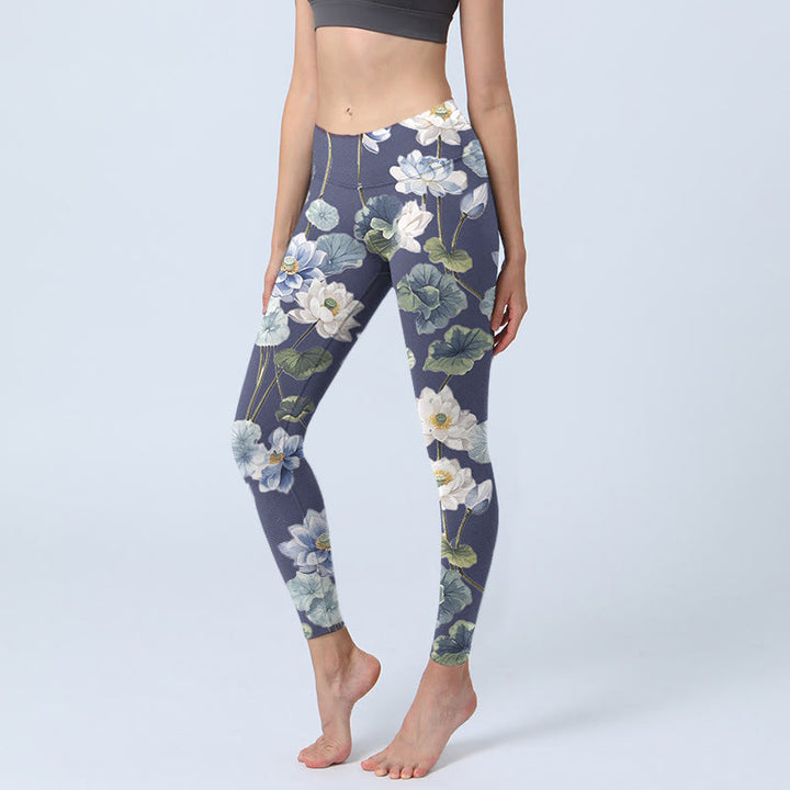 Buddha Stones Blue White Lotus Flowers Oil Painting Print Gym Leggings Women's Yoga Pants - SteelBlue - US18，UK/AU22，EU50 (4XL) - image 0