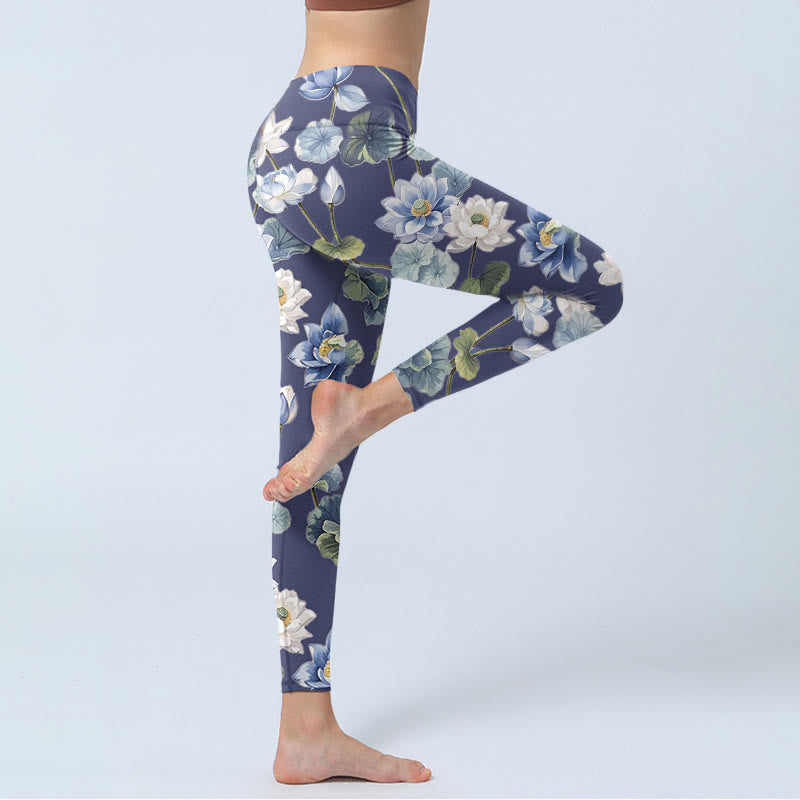 Buddha Stones Blue White Lotus Flowers Oil Painting Print Gym Leggings Women's Yoga Pants - image 3
