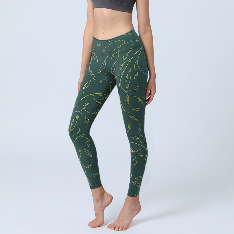 Buddha Stones Green Golden Leaves Branches Print Gym Leggings Women's Yoga Pants - SeaGreen - US18，UK/AU22，EU50 (4XL) - image 0
