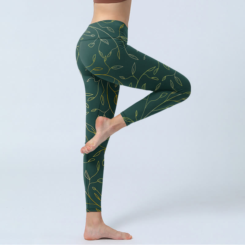 Buddha Stones Green Golden Leaves Branches Print Gym Leggings Women's Yoga Pants - image 3