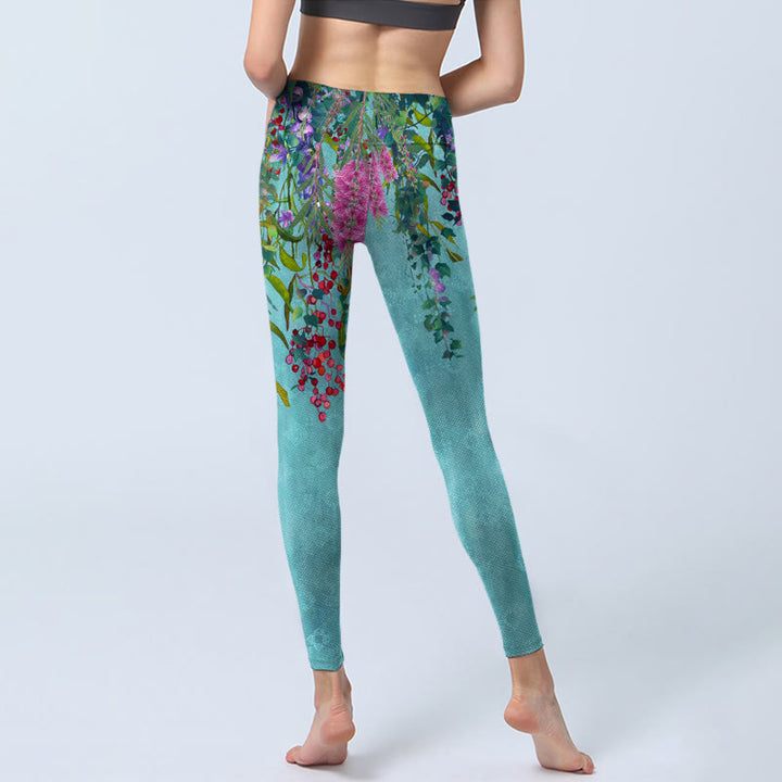 Buddha Stones Vibrant Flowers Green Willow Leaves Print Gym Leggings Women's Yoga Pants - image 7