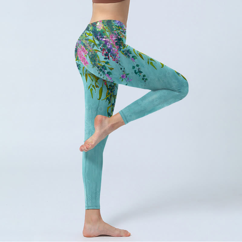 Buddha Stones Vibrant Flowers Green Willow Leaves Print Gym Leggings Women's Yoga Pants - image 3