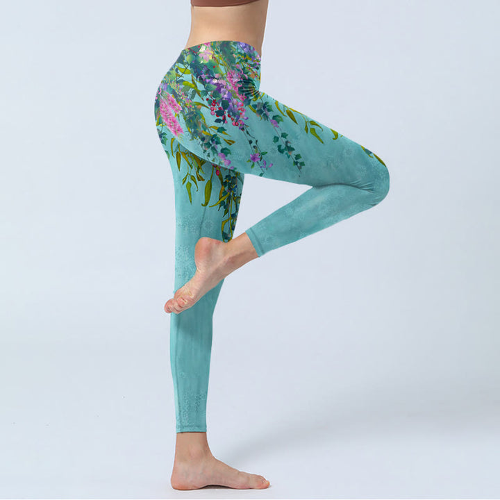 Buddha Stones Vibrant Flowers Green Willow Leaves Print Gym Leggings Women's Yoga Pants - image 3