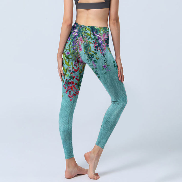 Buddha Stones Vibrant Flowers Green Willow Leaves Print Gym Leggings Women's Yoga Pants - image 4