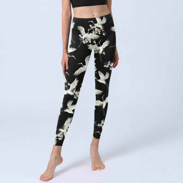 Buddha Stones White Cranes Blossoms Print Gym Leggings Women's Yoga Pants - image 5