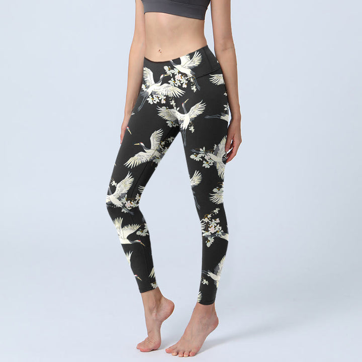 Buddha Stones White Cranes Blossoms Print Gym Leggings Women's Yoga Pants - Black - US18，UK/AU22，EU50 (4XL) - image 0