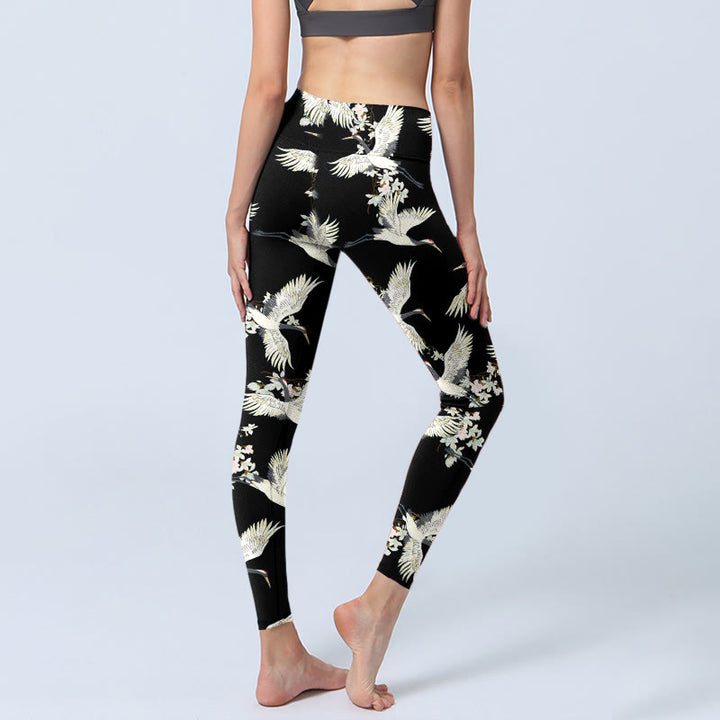 Buddha Stones White Cranes Blossoms Print Gym Leggings Women's Yoga Pants - image 3