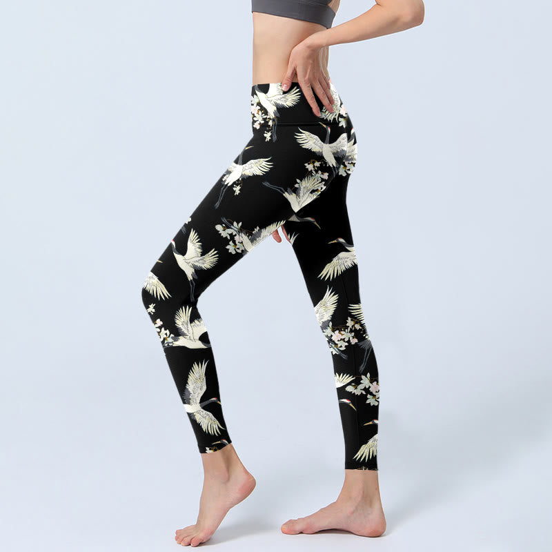 Buddha Stones White Cranes Blossoms Print Gym Leggings Women's Yoga Pants - image 2