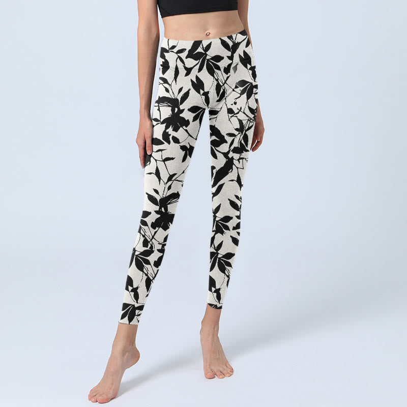 Buddha Stones Black Leaves Print Gym Leggings Women's Yoga Pants - image 6
