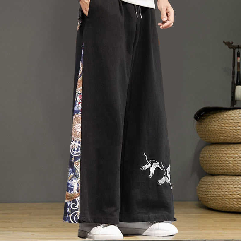 Buddha Stones Crane Embroidery Drawstring Men's Cotton Linen Wide Leg Pants With Pockets - image 14
