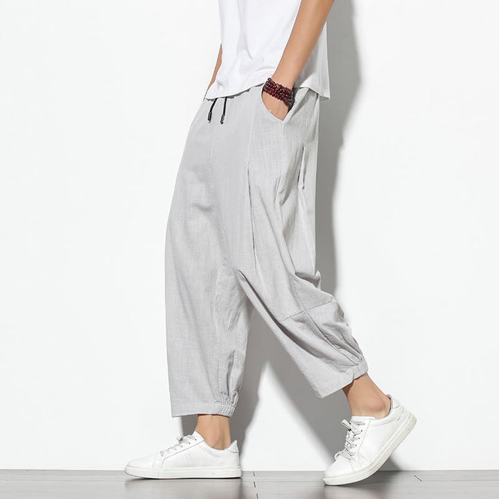 Buddha Stones Summer Men's 7-8 Length Cotton Linen Carrot Pants With Pockets - LightGrey - US/UK/AU46，EU56 (5XL) - image 3