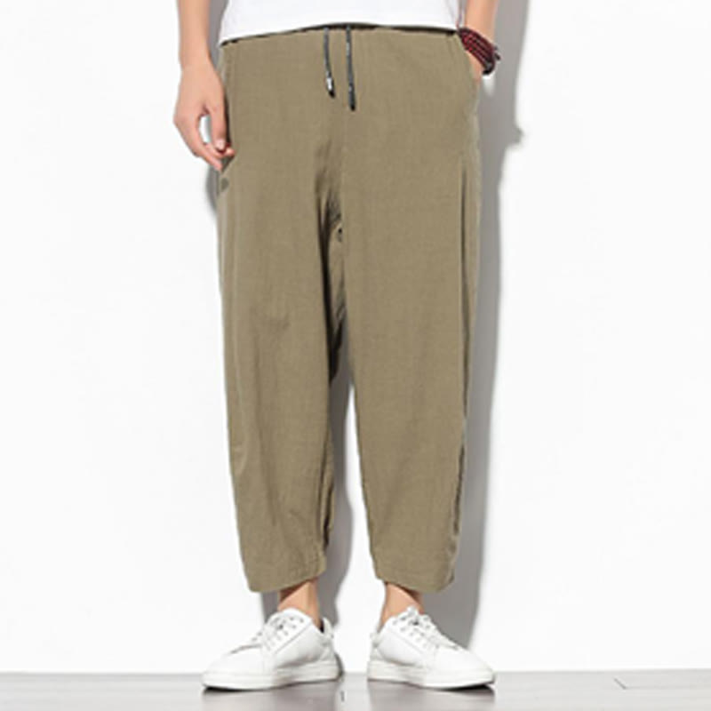 Buddha Stones Summer Men's 7-8 Length Cotton Linen Carrot Pants With Pockets - image 1