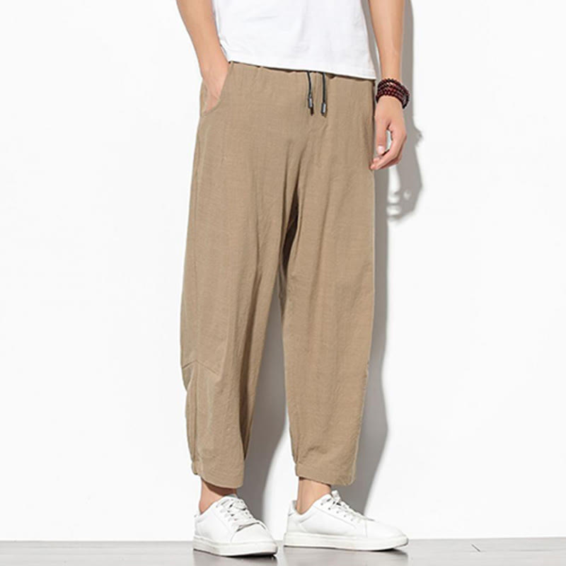 Buddha Stones Summer Men's 7-8 Length Cotton Linen Carrot Pants With Pockets - image 10