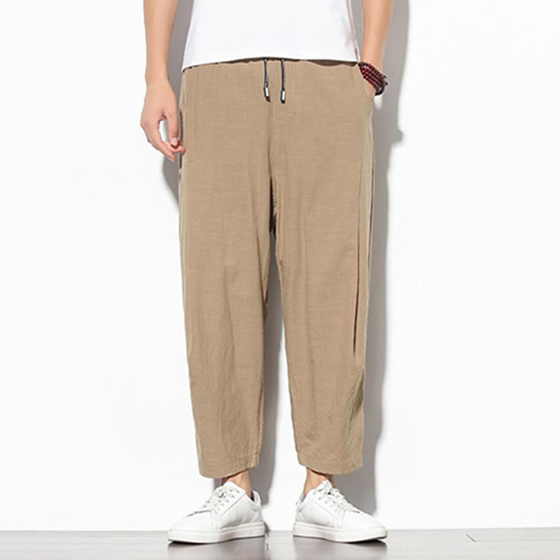 Buddha Stones Summer Men's 7-8 Length Cotton Linen Carrot Pants With Pockets - image 11