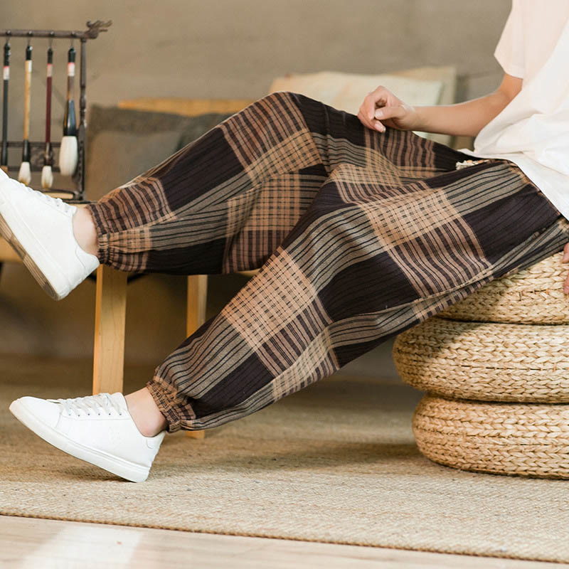 Buddha Stones Summer Checkered Stripes Cotton Linen Men's Harem Pants With Pockets - image 7