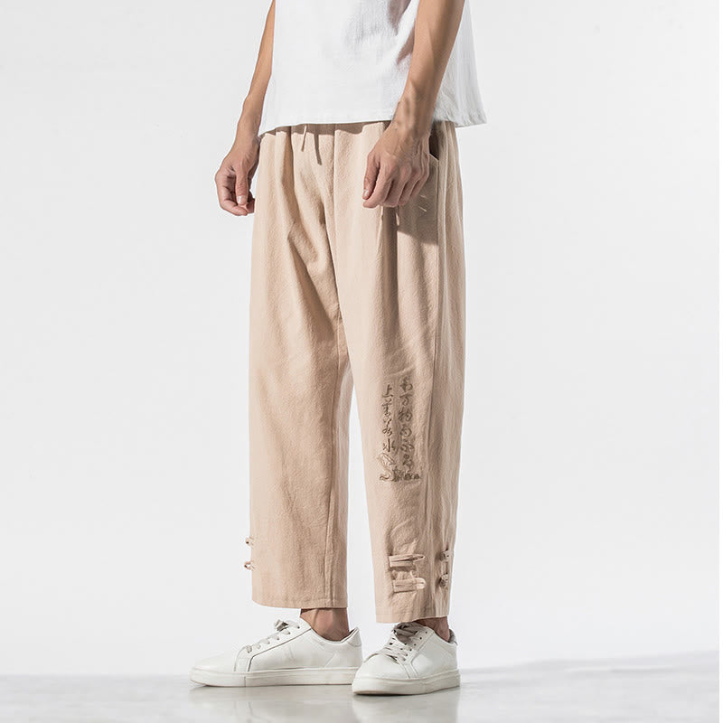 Buddha Stones Summer Chinese Characters Embroidery Men's Cotton Linen Pants With Pockets - Wheat - US/UK/AU46，EU56 (5XL) - image 9